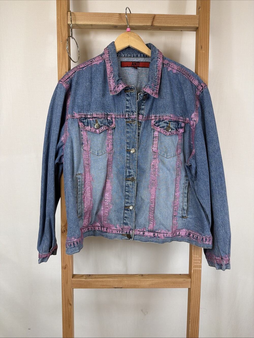 Anti Blue Pink Glitter Details Pockets Button Up Denim Jacket #1280 Size 2X